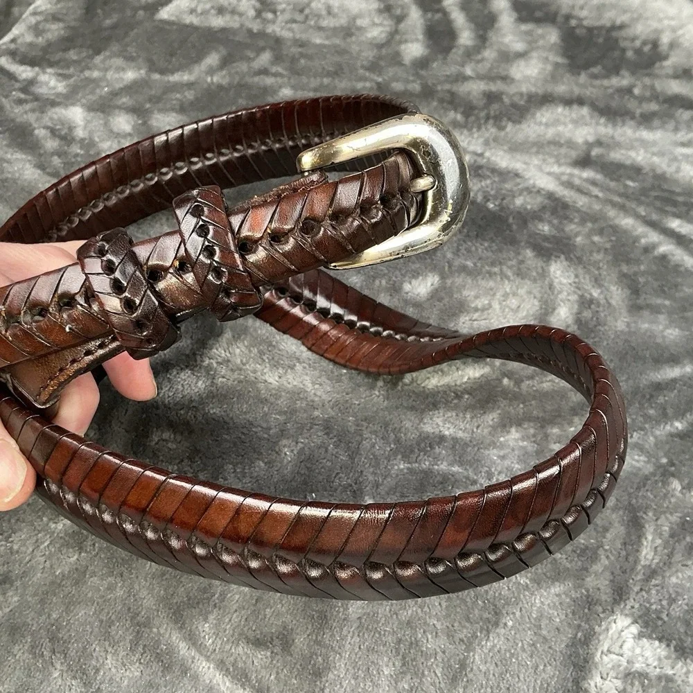 Vintage Mens Leather Hand Braided Woven Belt Brown Basket Weave Silver Buckle 42